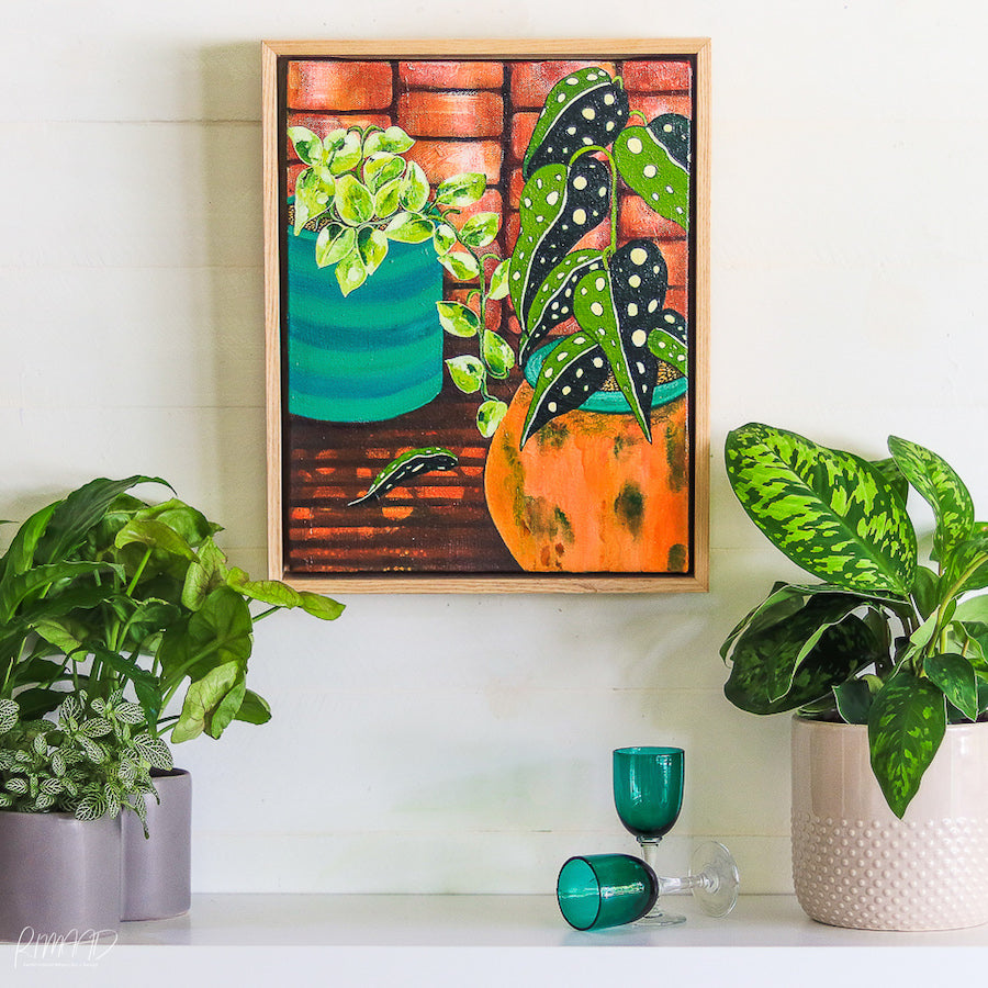 Custom Framed Original Art of Indoor Plants with Orange Boho Pot by Rachel Ireland Meyers Buy Now