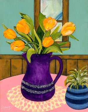 Original Art of Orange Tulips in a Purple Jug by Rachel Ireland Meyers