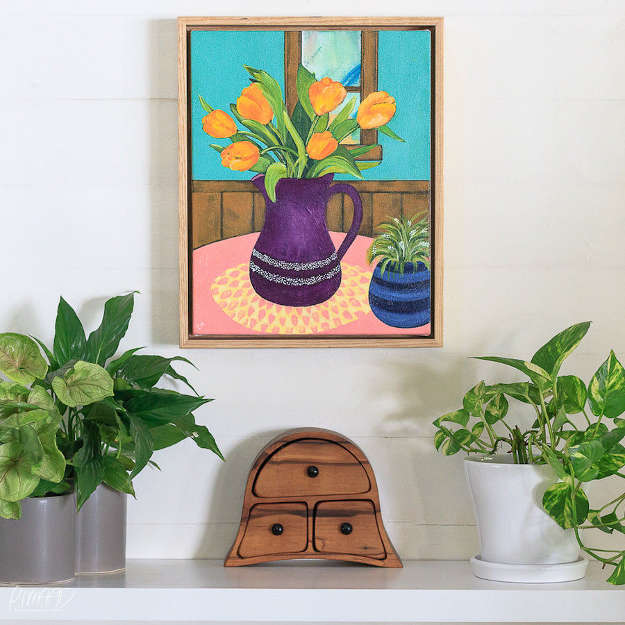 Custom Framed Original Art of Orange Tulips in a Purple Jug by Rachel Ireland Meyers