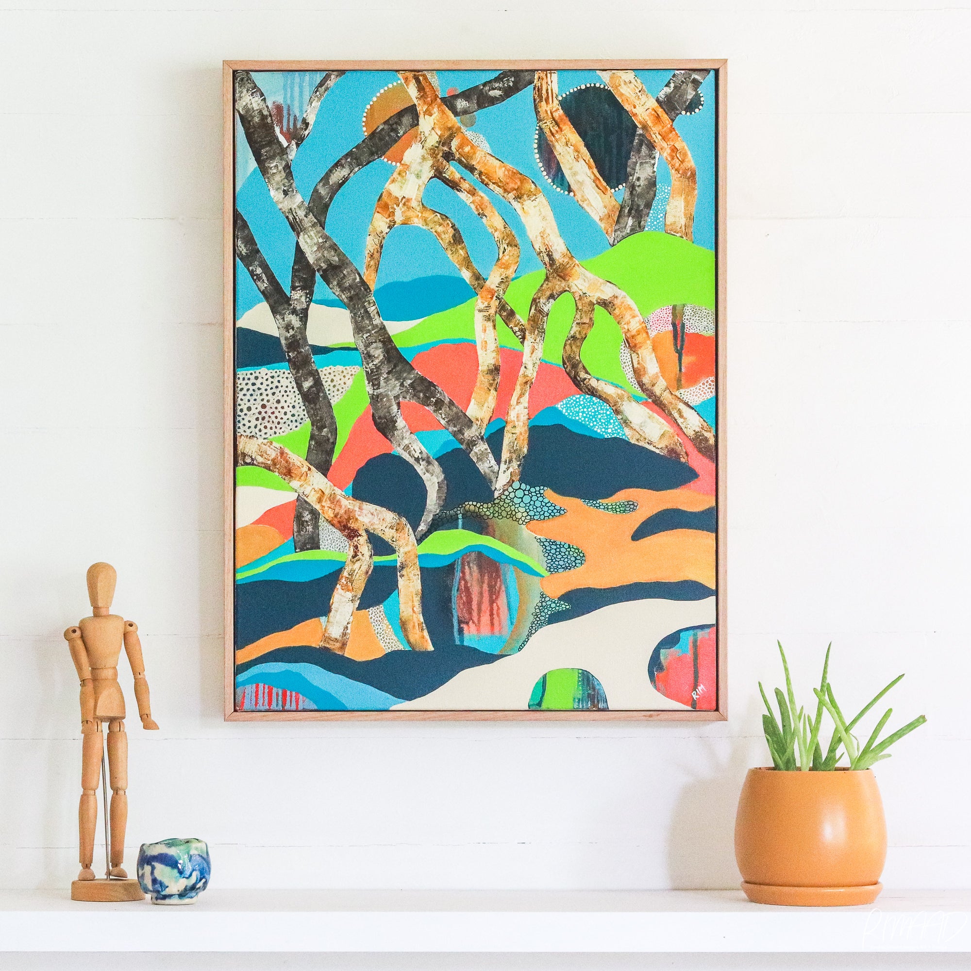 Original Artwork by Rachel Ireland Meyers, titled; "Round The Bend." Mangroves, bright colours, seascape, Rimaad, Cairns, Qld. Show here framed in Custom Ash Frame.
