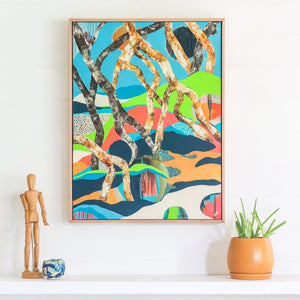 Original Artwork by Rachel Ireland Meyers, titled; "Round The Bend." Mangroves, bright colours, seascape, Rimaad, Cairns, Qld. Show here framed in Custom Ash Frame.