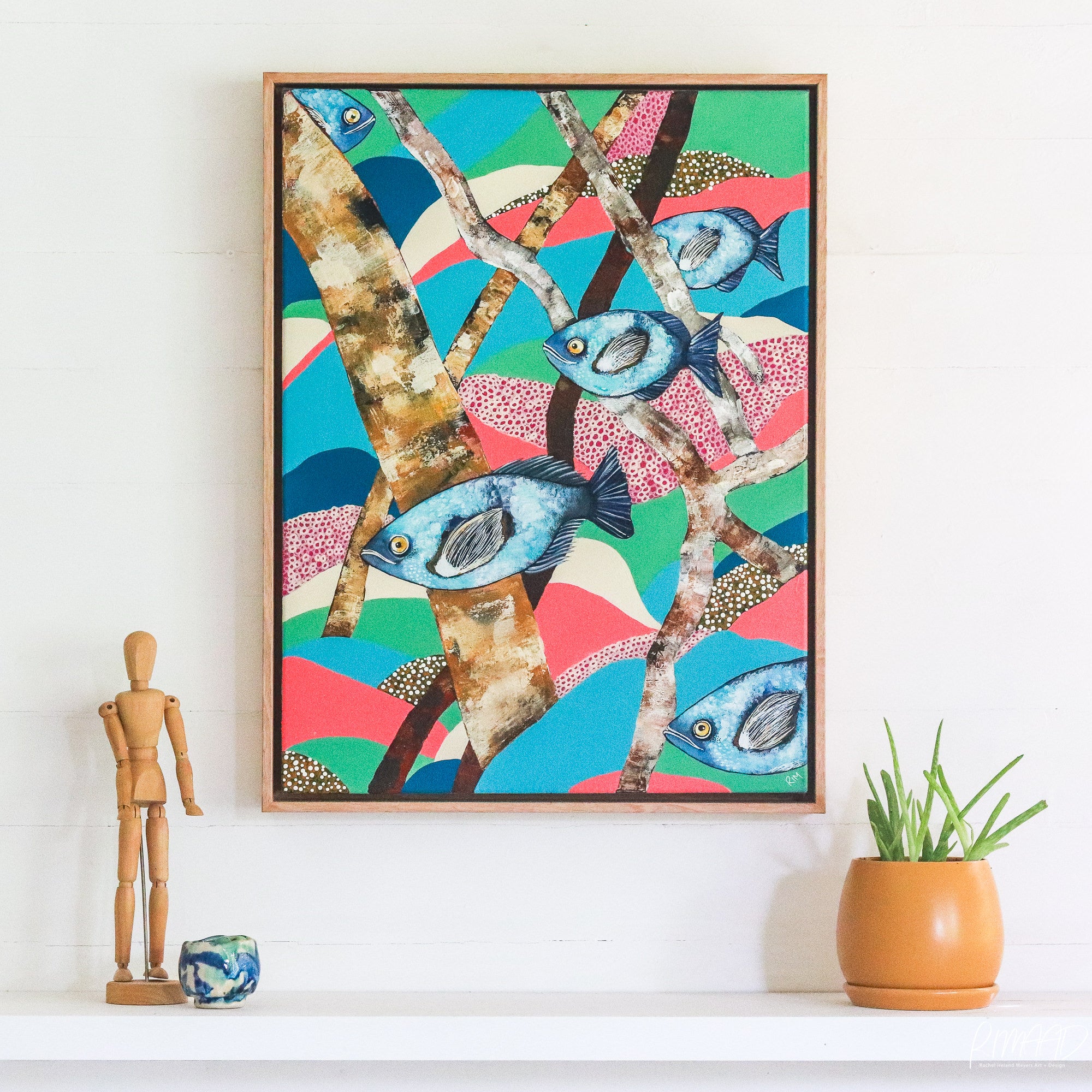 Original artwork titled; "Blue Fish Story." A bright colourful work. Blue Archer Fish, Mangroves, Far North Queensland Environment, by artist Rachel Ireland Meyers, Rimaad, Cairns, Qld