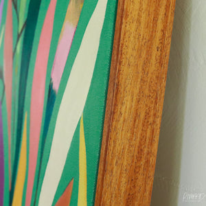 This is an image of a teak frame that is included with the purchase of a New Zealand Tui bird, original artwork by Rachel Ireland Meyers, available at RIMAAD.com online