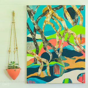 Round the Bend, artwork, shown unframed on a wall. Colourful, blue, green, orange, gold. Mangroves.